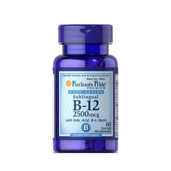 Puritans Pride Vitamin B-12 2500 mcg s folno kislino, vitaminom B6 in biotinom, 60 pastil