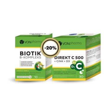 Vonpharma akcijski paket Direkt C 500 + Cink + D3 in Biotik B-kompleks, 30 vrečk + 10 kapsul