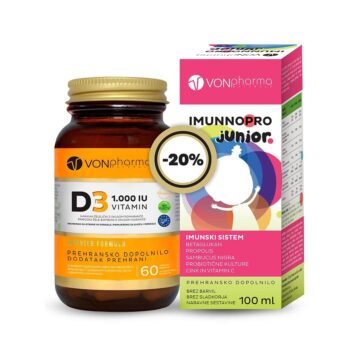 Vonpharma akcijski paket Vitamin D3 1.000 I.E. želejčki+ Imunnopro Junior tekočina, 60 želejčkov + 100 ml
