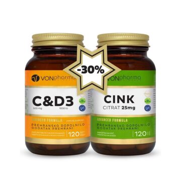 Vonpharma akcijski paket vitamin C&D3+ Cink Citrat 25 mg, 2 x 120 tablet