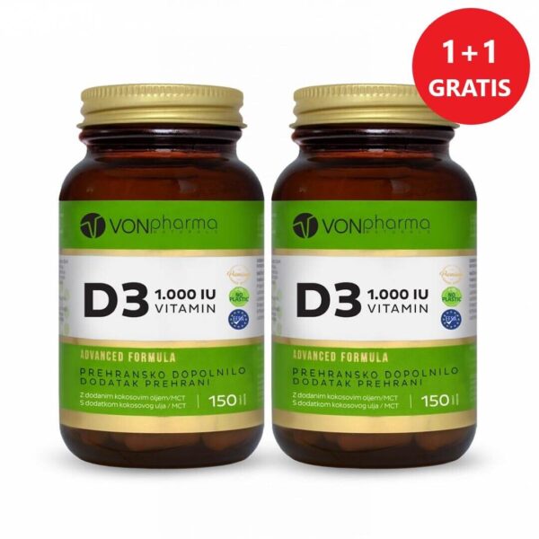 Vonpharma akcijski paket vitamin D3 1.000 I.E. 1+1 GRATIS, 2 x 150 kapsul