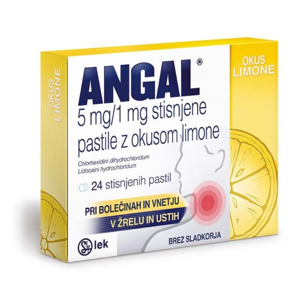 Angal 5 mg na 1 mg pastile z okusom limone, 24 pastil