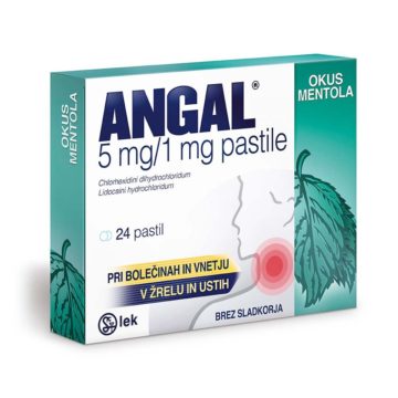 Angal 5 mg na 1 mg pastile z okusom mentola, 24 pastil