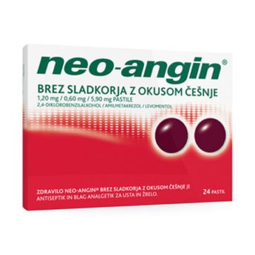 Neo-angin pastile brez sladkorja z okusom češnje 1,20 mg na 0,60 mg na 5,90 mg, 24 pastil